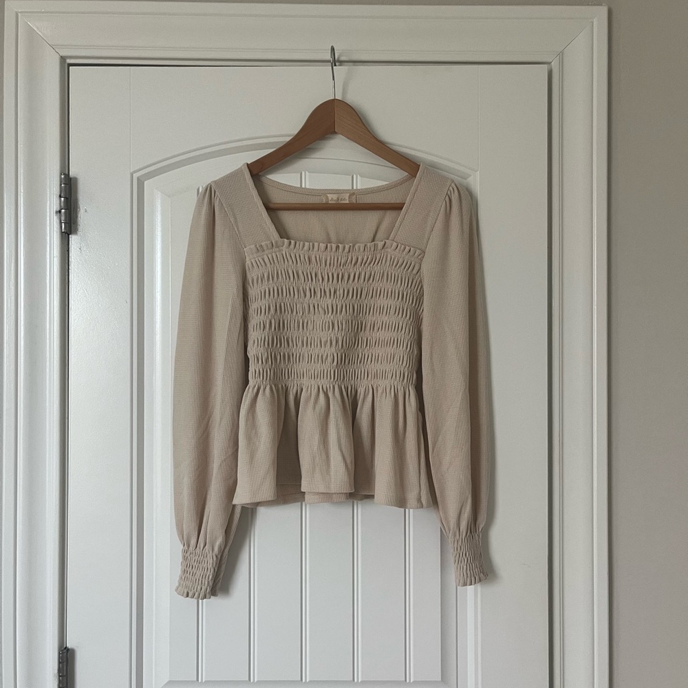 Altar'd State Tan Smocked Long Sleeve Peplum Top